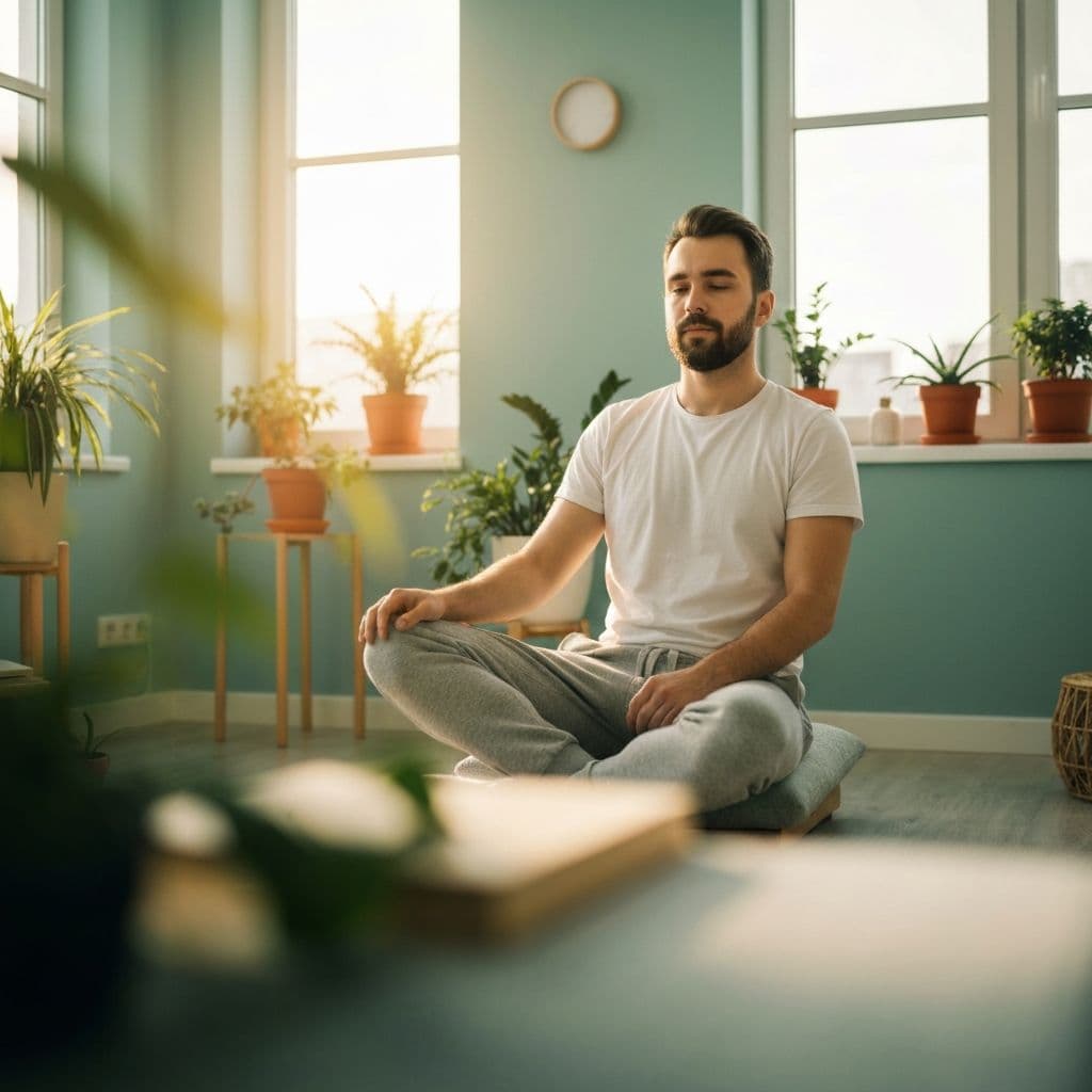A person in a calm, sunlit environment representing mental wellness